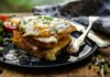 Gospodin i gospođa koji krckaju Croque monsieur sendvič tost sa jajetom