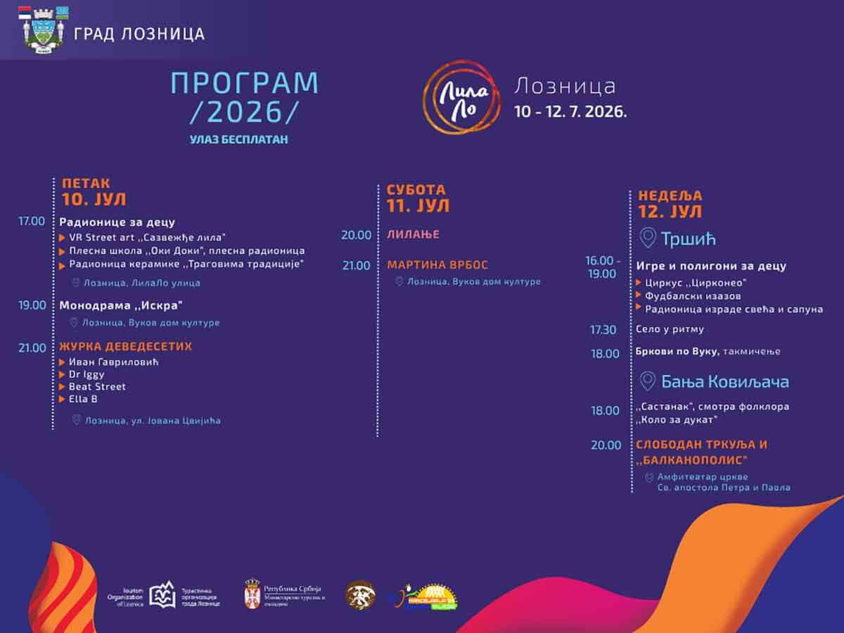 Deveti LilaLo festival u Loznici, Tršiću i Banji Koviljači od 10. do 12. jula